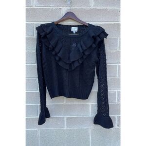 Koko+Mason knit Sweater Womens size Medium Ruffle long sleeve black top NWT